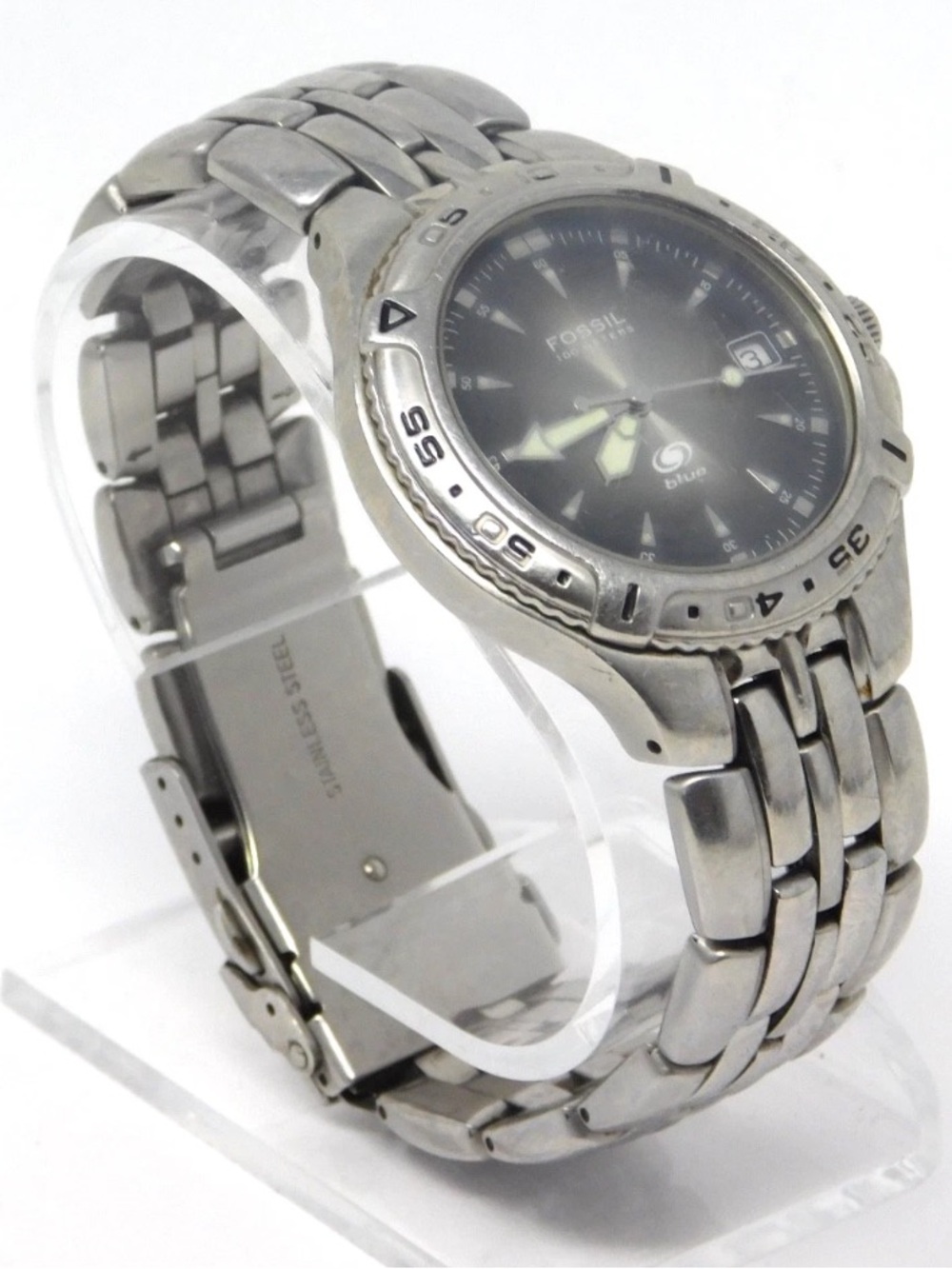 Fossil Blue Mens Watch AM-3624 Vintage Luminous Stainless Steel Black Dial 100m